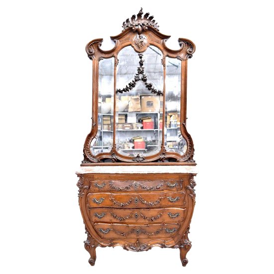 Commode Coiffeuse Baroque En Noyer De Style Louis XV  Fin XIXème Décor De Putti