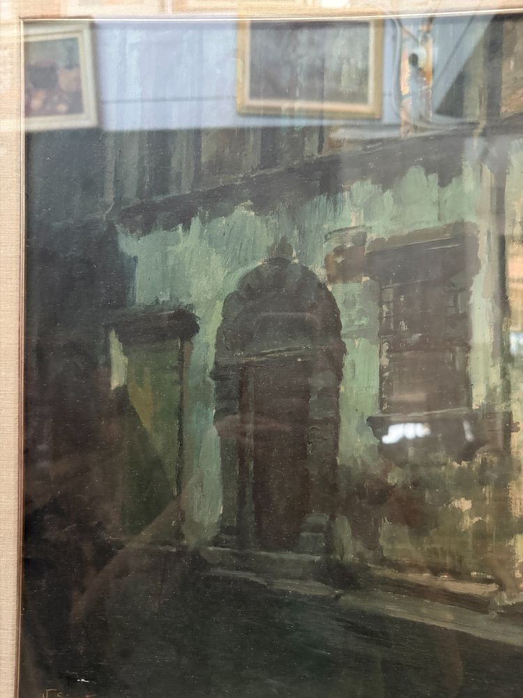 Peinture à l'huile sur panneau représentant des bâtiments anciens, V. Sorrentino, 42x35cm