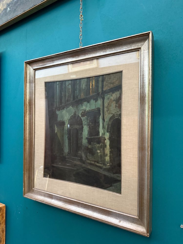 Peinture à l'huile sur panneau représentant des bâtiments anciens, V. Sorrentino, 42x35cm