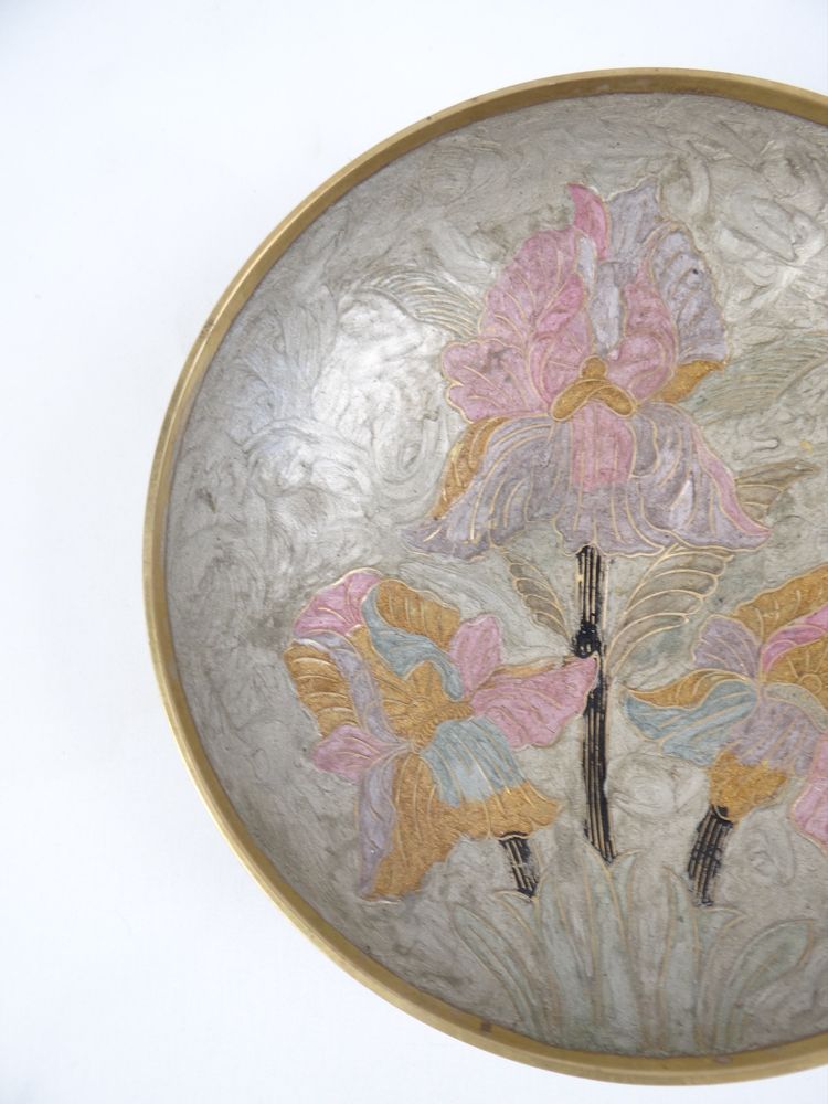 Coupe vide poche Art Nouveau en laiton émail cloisonné art populaire Indien de 1970