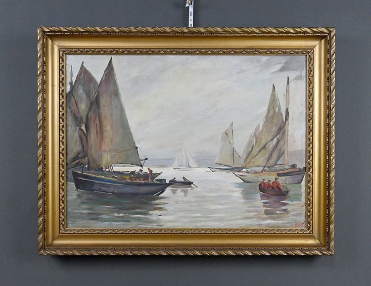 Tableau « Voiliers sur Mer Calme », Huile sur Toile, signé C. Bustad - 1928