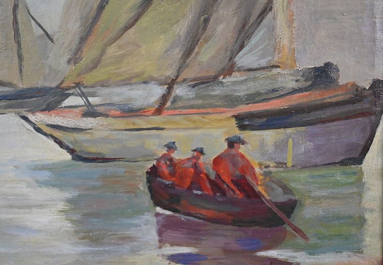Tableau « Voiliers sur Mer Calme », Huile sur Toile, signé C. Bustad - 1928