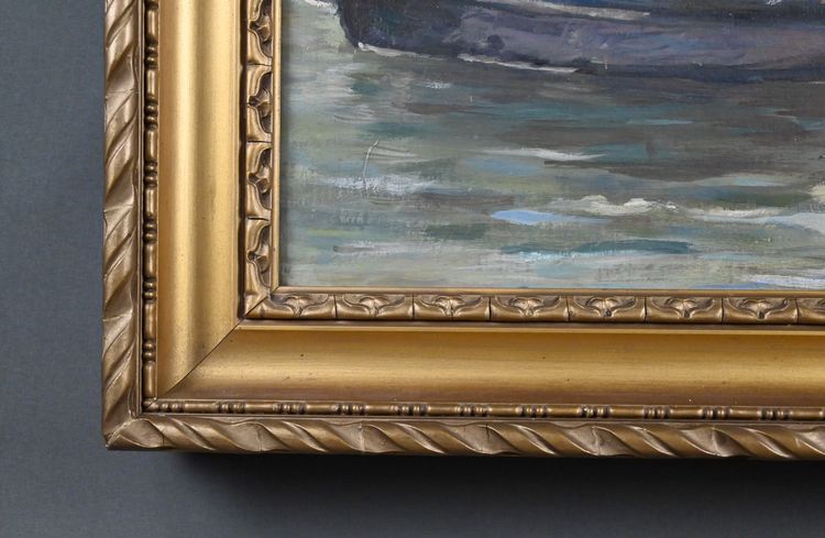 Tableau « Voiliers sur Mer Calme », Huile sur Toile, signé C. Bustad - 1928