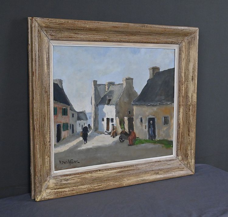 Tableau « Scène de Village », Huile sur Toile, signé H. Albert - 1re partie XXe