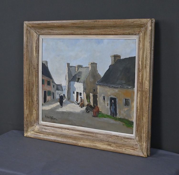 Tableau « Scène de Village », Huile sur Toile, signé H. Albert - 1re partie XXe