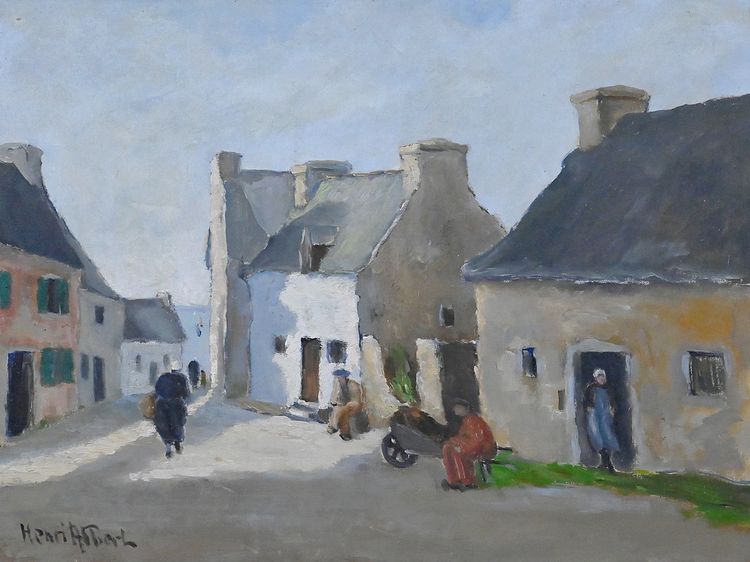 Tableau « Scène de Village », Huile sur Toile, signé H. Albert - 1re partie XXe