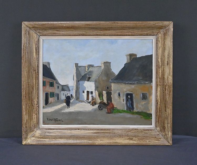 Tableau « Scène de Village », Huile sur Toile, signé H. Albert - 1re partie XXe