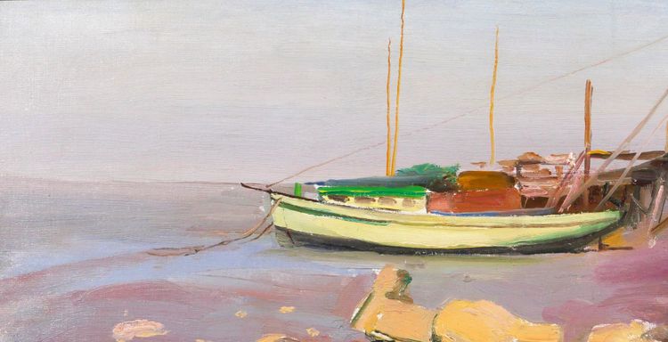 Alfons Verheyen 1903-1990 Bateau, paysage de mer, tableau vers 1950 marine mer