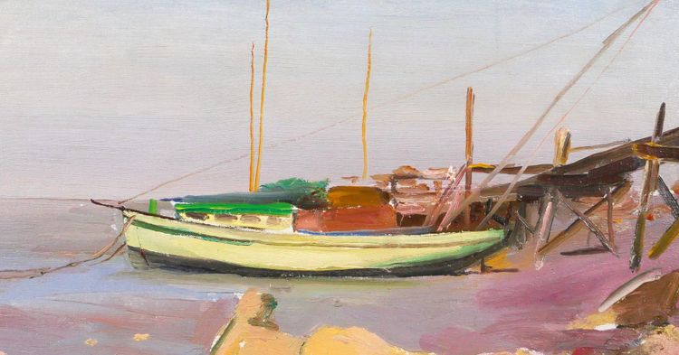 Alfons Verheyen 1903-1990 Bateau, paysage de mer, tableau vers 1950 marine mer