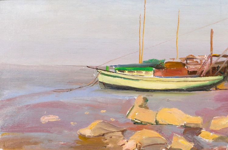 Alfons Verheyen 1903-1990 Bateau, paysage de mer, tableau vers 1950 marine mer