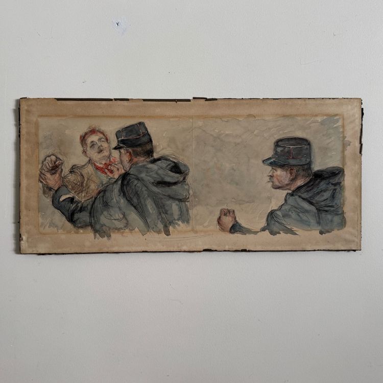 Disegno raffigurante due gendarmi in azione, durante un arresto, inizio XX secolo.