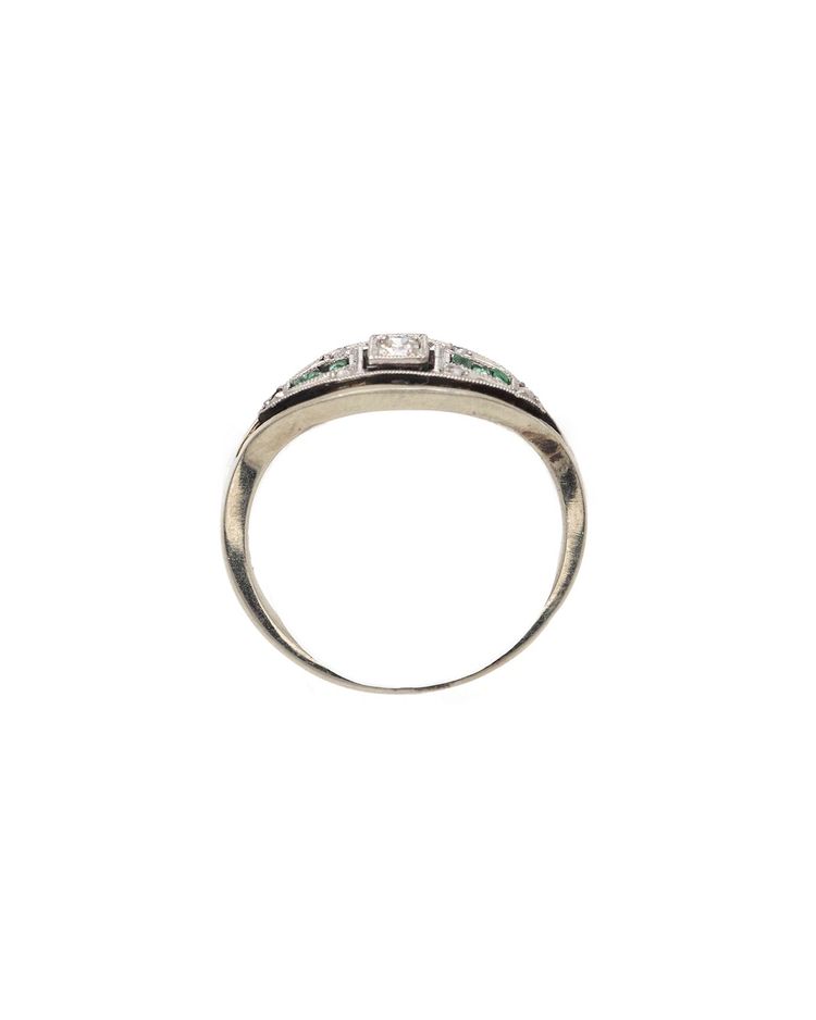 Anello Art Déco con smeraldo in oro 18 carati e platino, diamanti