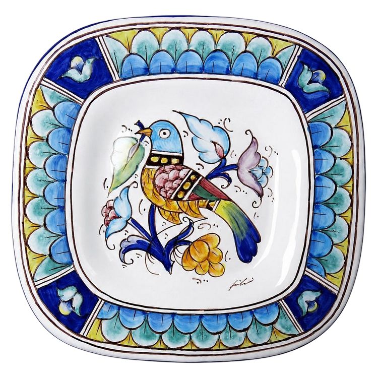Large Italian wall dish Gubbio bird décor vintage painted earthenware Deruta/Innocenti style