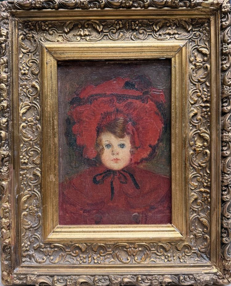 Ecole française impressionniste - Fillette au chapeau rouge, circa 1880