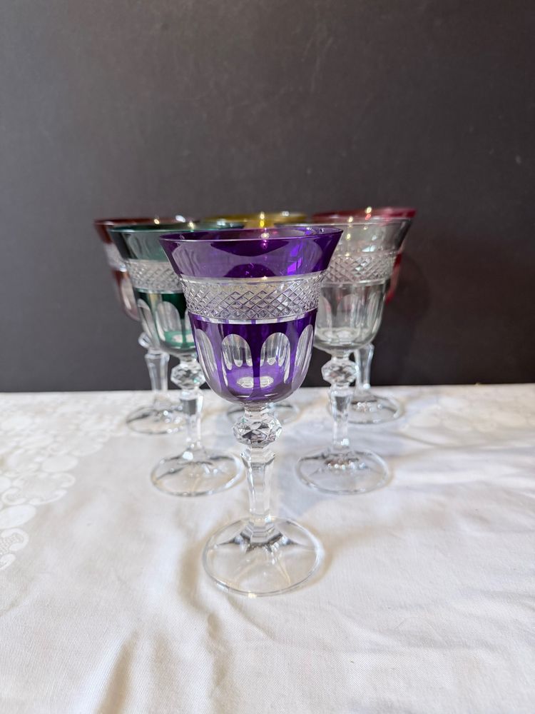 Set of 6 cut and lined crystal glasses - various colors