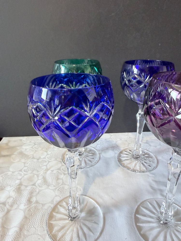 Set of 6 stemmed glasses - Cut and lined crystal - Various colors
