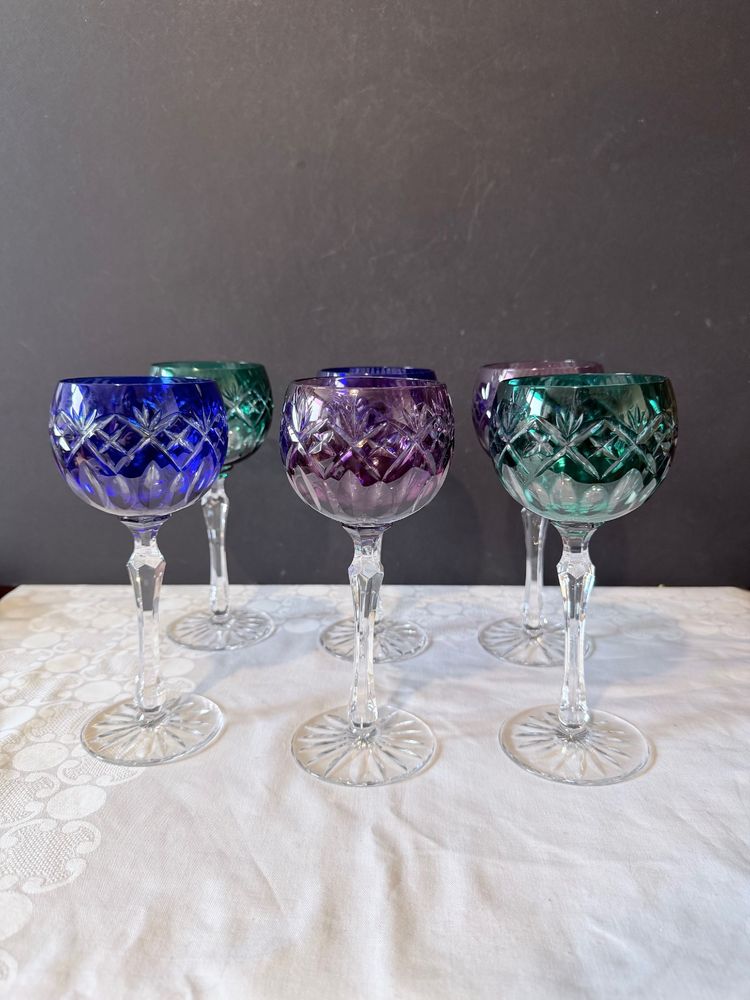 Set of 6 stemmed glasses - Cut and lined crystal - Various colors