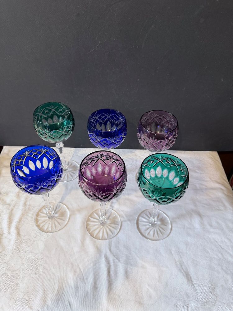 Set of 6 stemmed glasses - Cut and lined crystal - Various colors