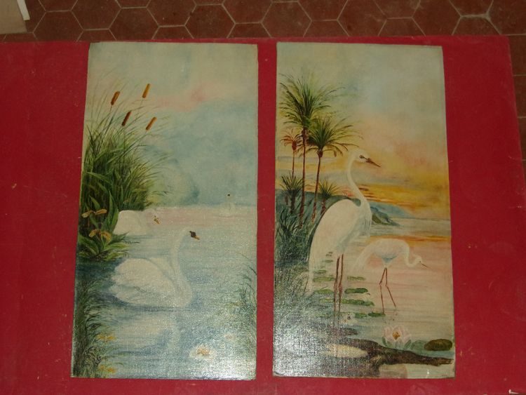 Paire de tableaux,  Aigrettes et Cygnes, époque, 20 ème,  art nouveau.