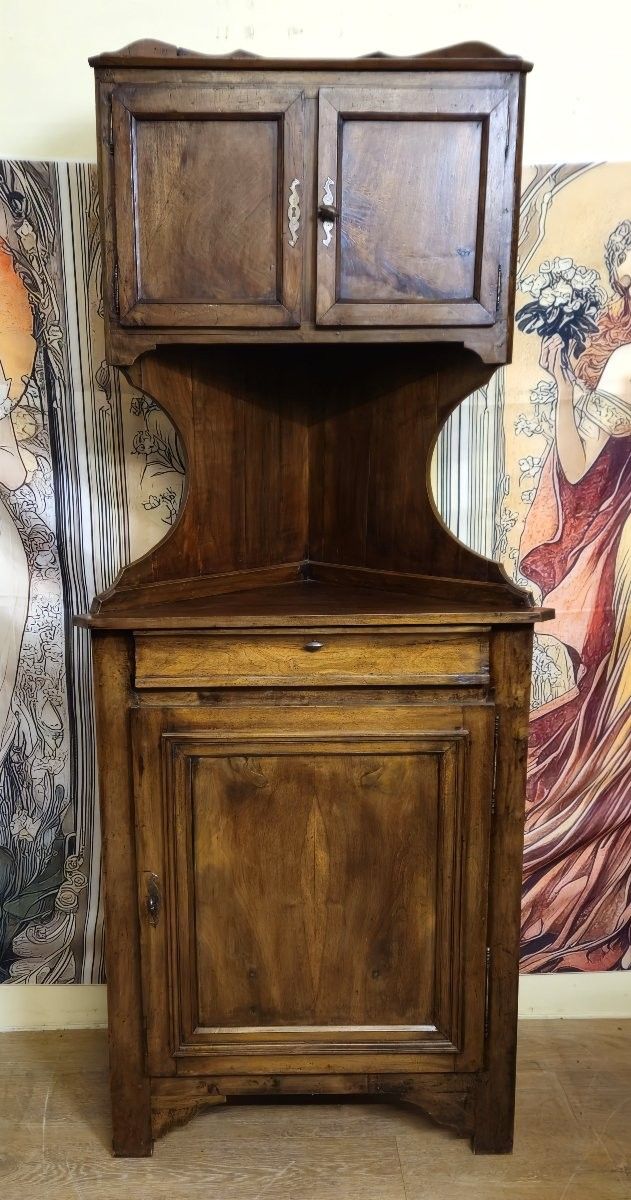 Buffet d’angle Louis Philippe en Noyer massif avec partie haute – meuble rustique - XIXeme