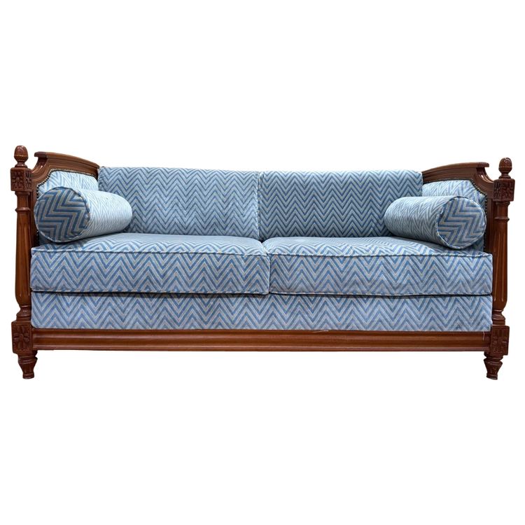 Schlafsofa im Louis XVI-Stil – Mahagoni gebeizte Buche und blauer Samt