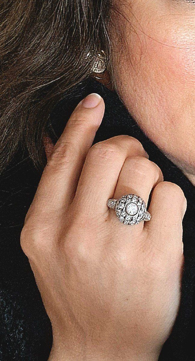 Bague Boule Style Art Déco Platine Et Diamants Taille Brillant