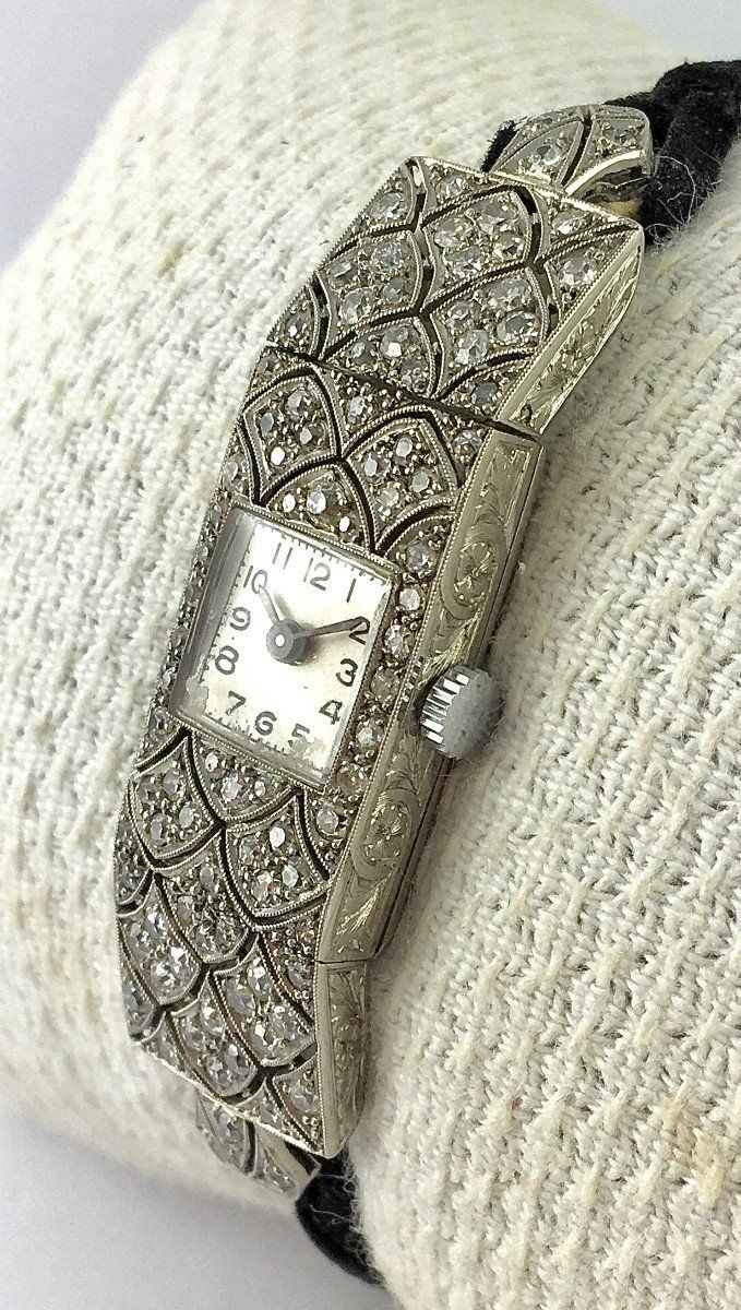 Art Deco 1925 Diamonds on Platinum Quartz Jewellery Watch