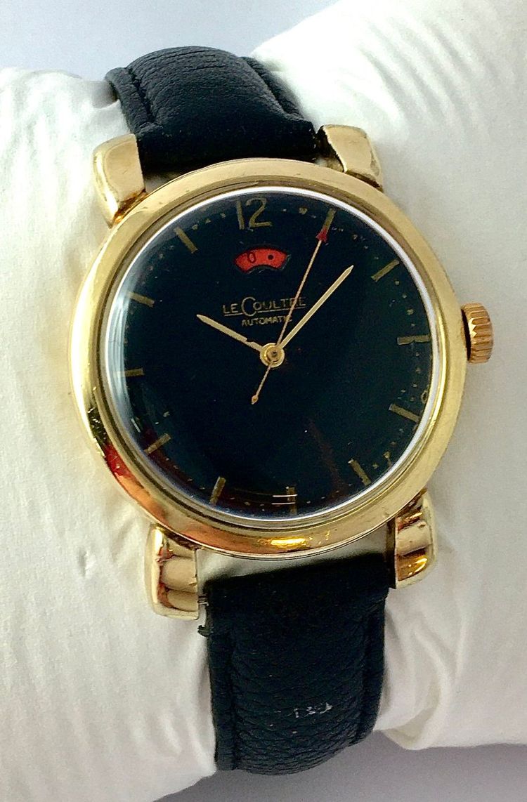 LeCoultre Powermatic Automatic Uhr Schwarzes Zifferblatt Gangreserve 50er Jahre Goldfilled Leder