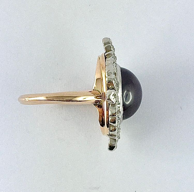 Bague Marquise Saphir Mauve Étoilé Et Diamants sur Ors Rose et Blanc Style Belle Epoque