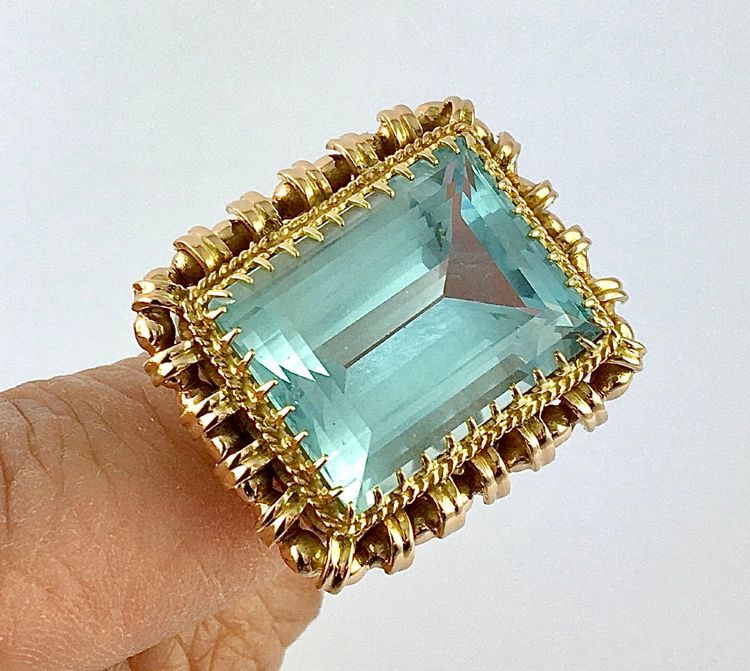 Bague de Cocktail Aigue-marine Sur Or Rose Années 50