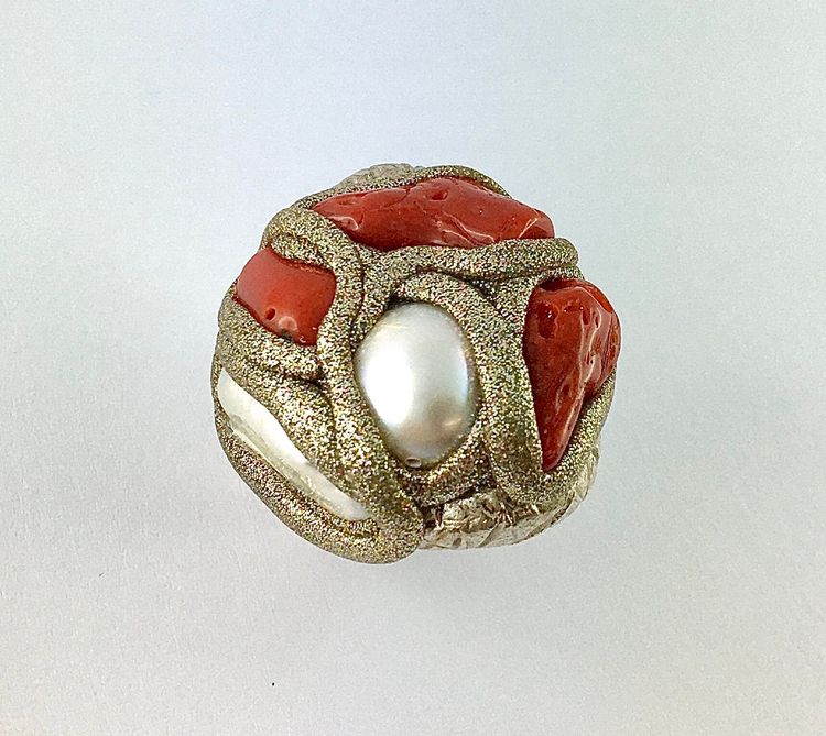 Bague Boule Estrosia Corail Perle et Résine sur Argent