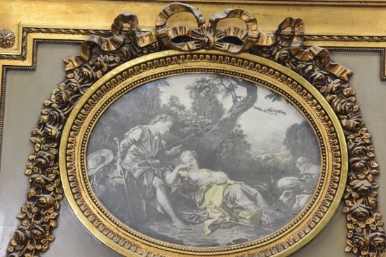 Trumeau De Style Louis XVI En Bois Et Stuc Doré Médaillon Gravure