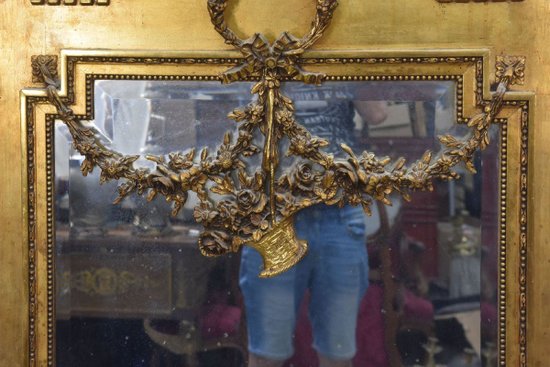 Trumeau De Style Louis XVI En Bois Et Stuc Doré Médaillon Gravure
