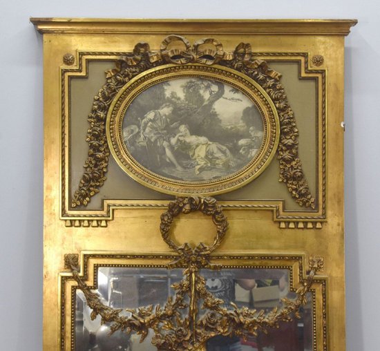 Trumeau De Style Louis XVI En Bois Et Stuc Doré Médaillon Gravure