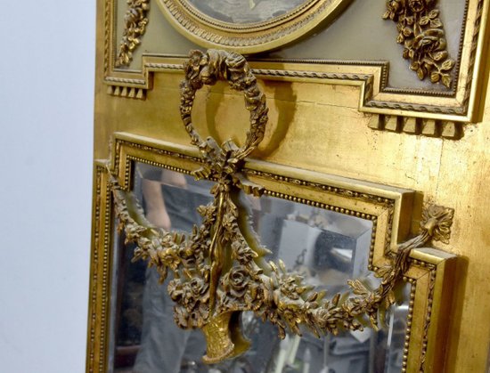Trumeau De Style Louis XVI En Bois Et Stuc Doré Médaillon Gravure