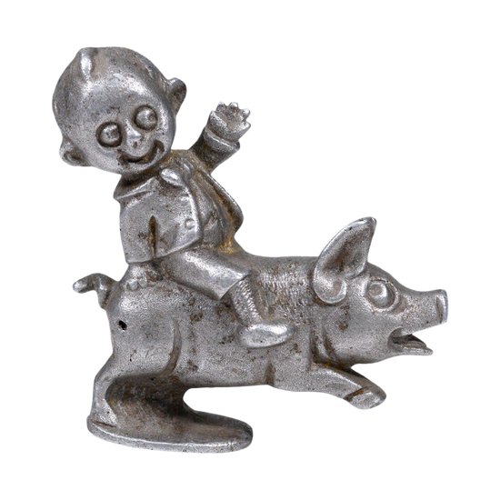 Mascotte Enfant Jeannot Sur Son Cochon Bouchon De Radiateur 1930 En Aluminium