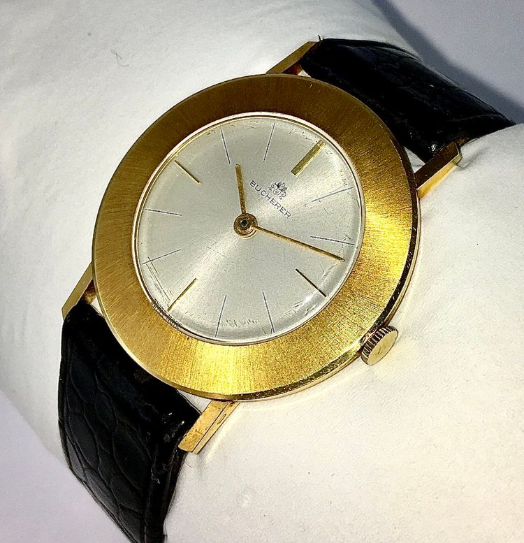 Vintage Bucherer 1960s Yellow Gold Watch on Leather, Manual Movement, Ultra-Thin, and its Case