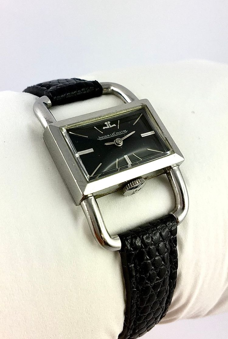 Jaeger-LeCoultre Etrier Damenuhr, Stil der 1960er Jahre, Edelstahl und Lederarmband, mechanisch, schwarzes Zifferblatt