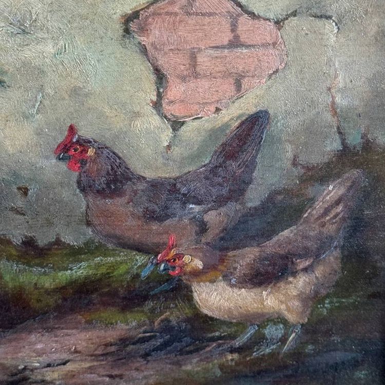 Peinture à l'huile représentant un coq et des poules, signée E. S. England – Fin du XIXe siècle
