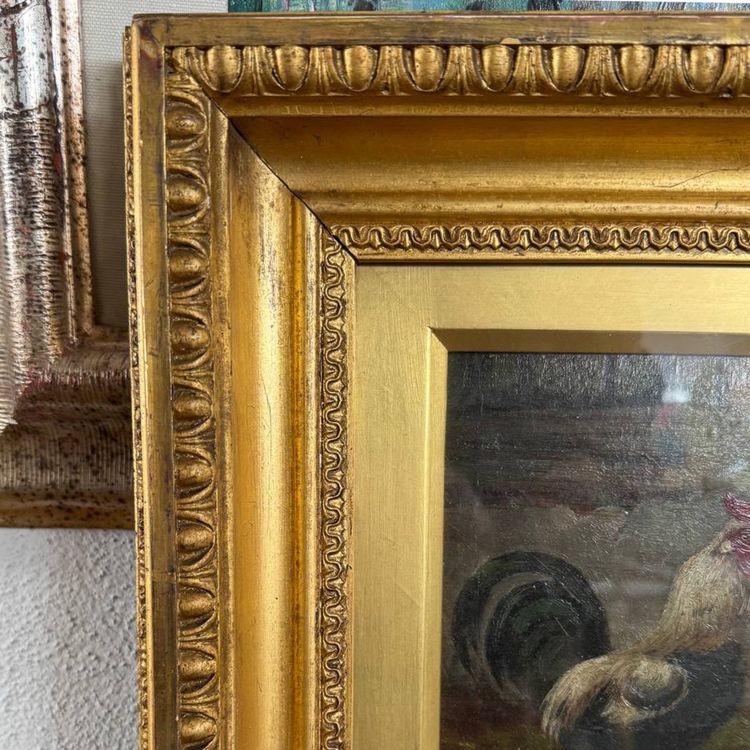Peinture à l'huile représentant un coq et des poules, signée E. S. England – Fin du XIXe siècle