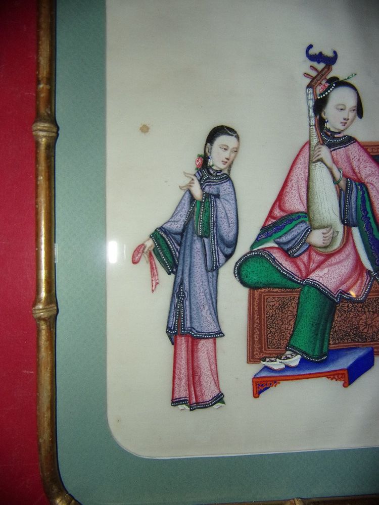 Junge Frau, die Pipa spielt, Zeichnung auf Reispapier, 19. Jahrhundert.