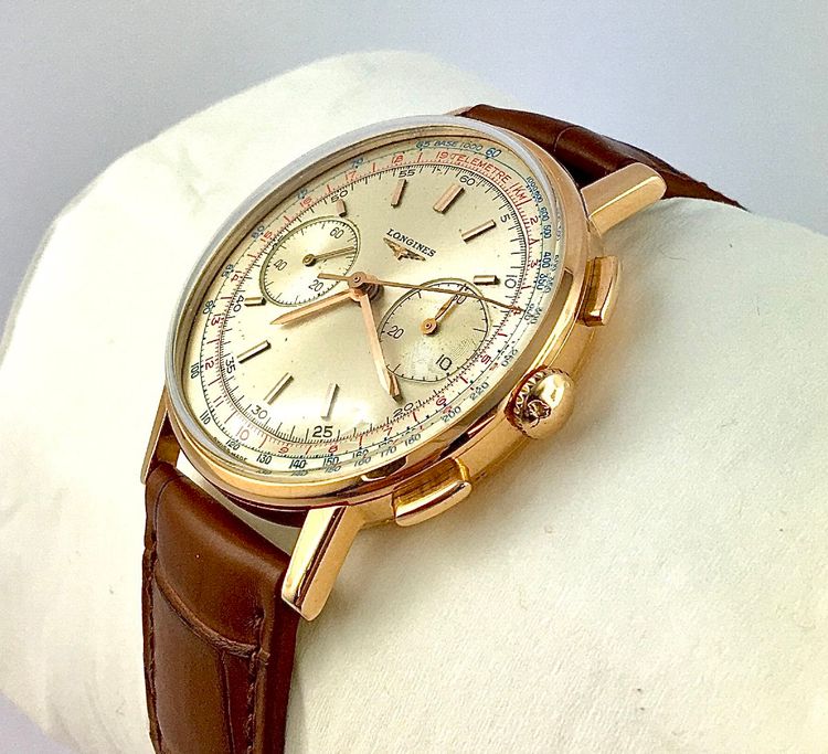 Longines Chronograph Ref. 7414 Flyback Kaliber 30CH Mechanisch 1962 Roségold Leder