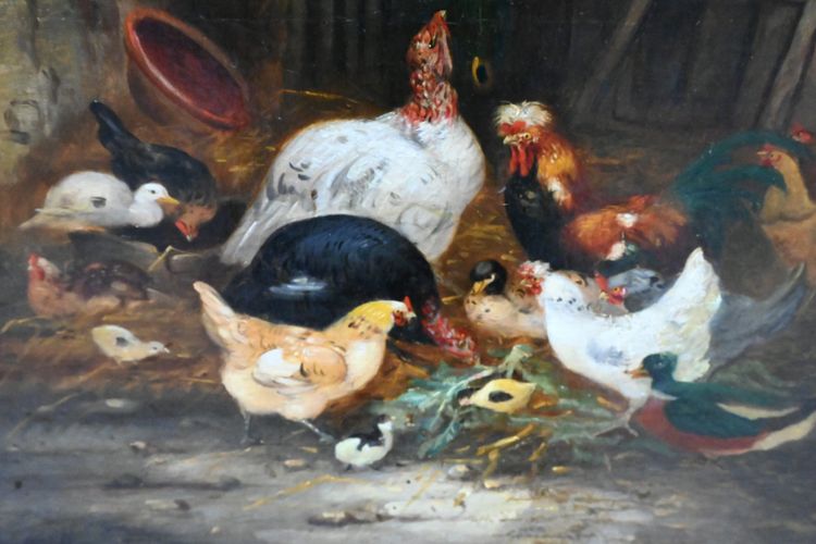 Paire de toiles poules et coqs du XIX signées de Guilleminet
