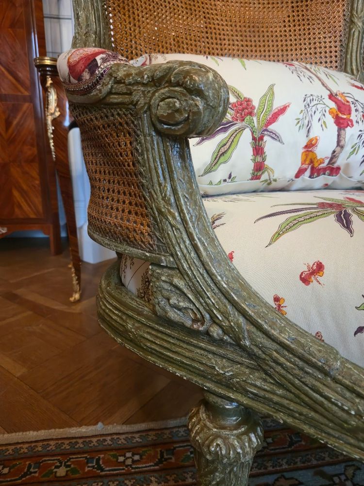 Louis XVI style caned chaise longue, late 19th century.