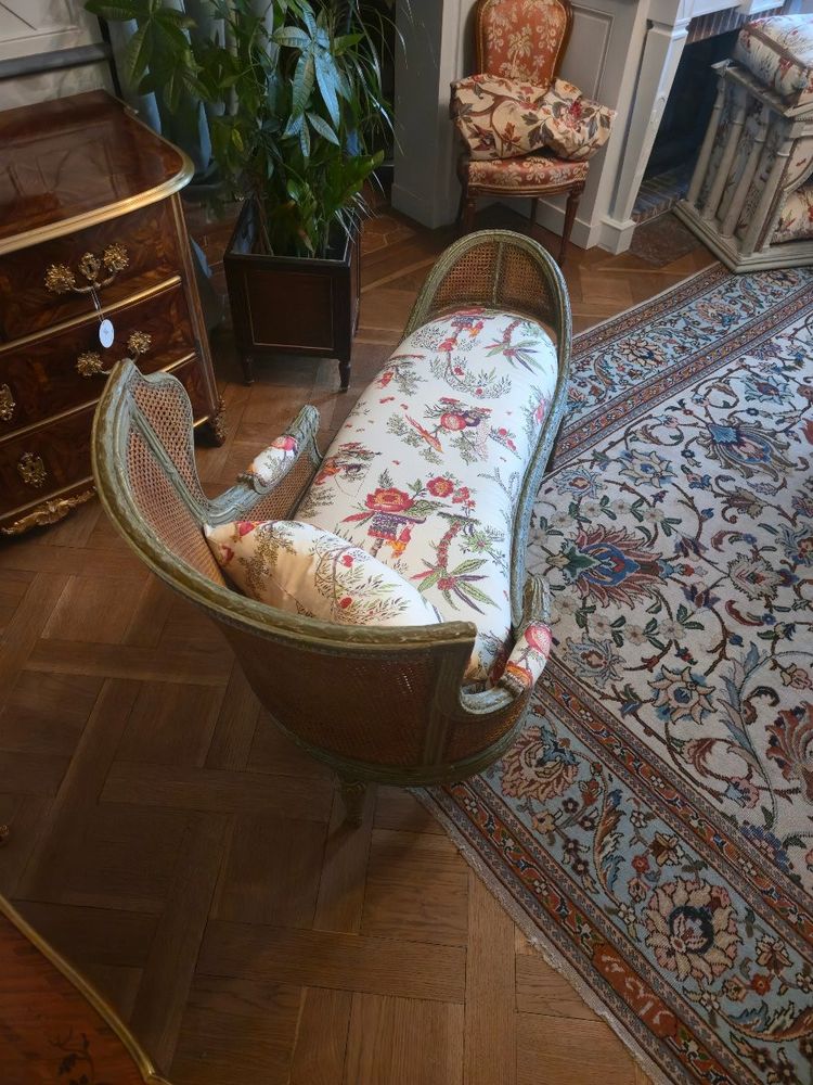Louis XVI style caned chaise longue, late 19th century.