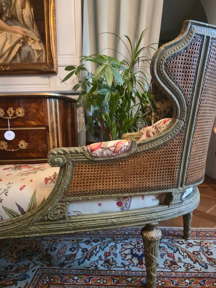 Louis XVI style caned chaise longue, late 19th century.