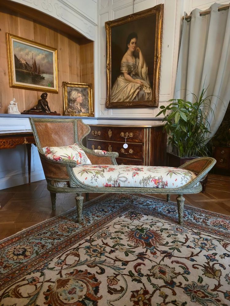 Louis XVI style caned chaise longue, late 19th century.