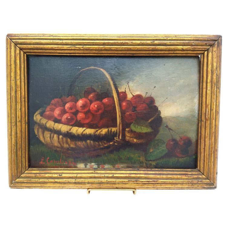 Stillleben mit Früchten auf Holztafel „Korb mit Kirschen“ L. Combes 19. Jahrhundert