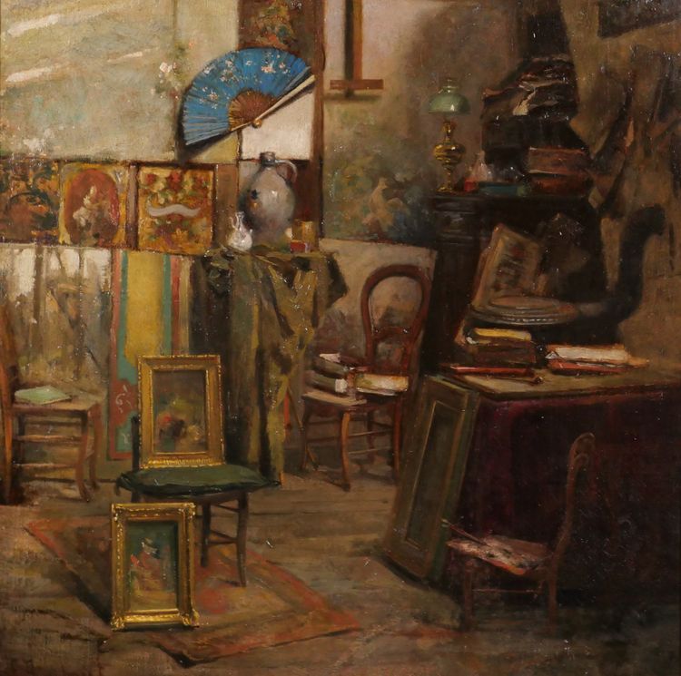 Emile Rimbout 1849-1926 L'atelier de l'artiste à Bruxelles, tableau, vers 1890 intérieur Belgique
