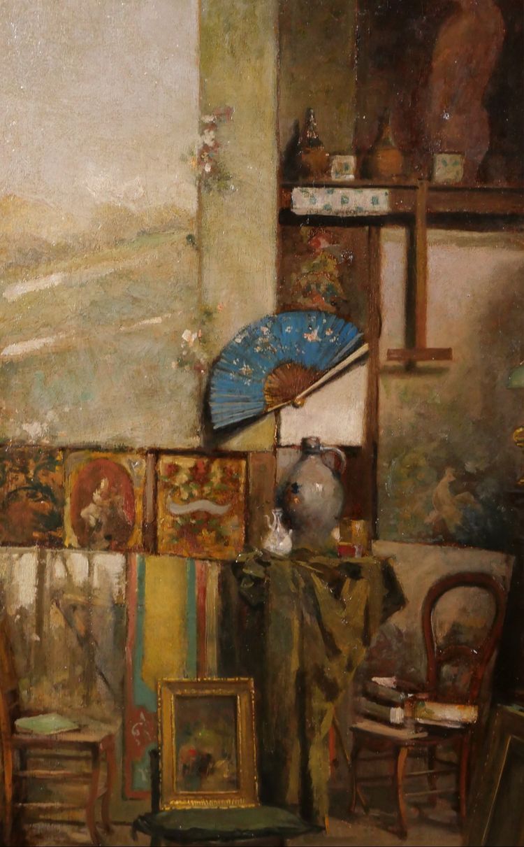 Emile Rimbout 1849-1926 L'atelier de l'artiste à Bruxelles, tableau, vers 1890 intérieur Belgique